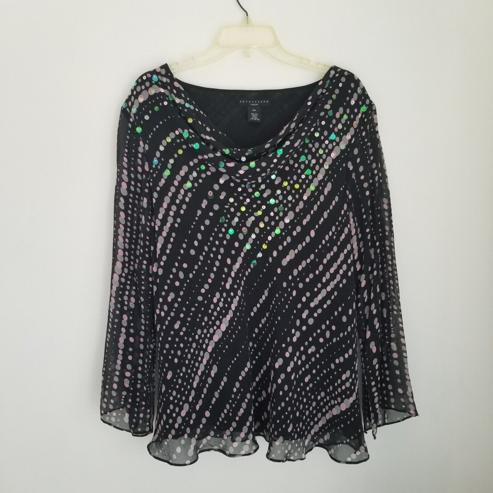 Apostrophe Top Womens 20W Black Silk Sheer Overlay Lined V-Neck LS Blouse